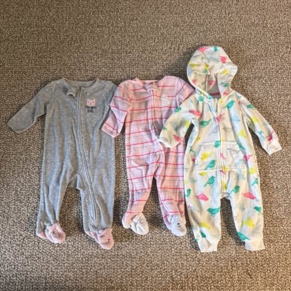 Carter's Sleeper Lot 3pc Baby Girl Cat Bird Stripe Hooded Romper 6 Months